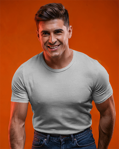 Bold Studio T Shirt Mockup Male Model Smiling In Strong Orange Background Confident And Energetic Look 0704