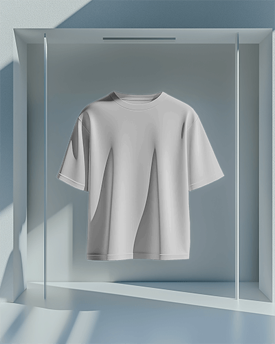 Modern Display T Shirt Mockup Suspended In Architectural Lightbox Minimalist Blue Tones Elegant And Premium Presentation 0707