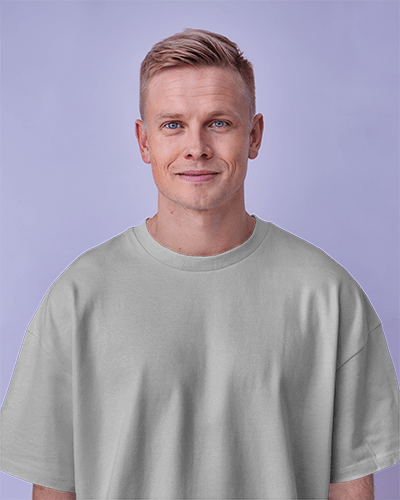Neutral Studio T Shirt Mockup Male Model Smiling In Soft Even Lighting Modern And Minimalist Design 0708