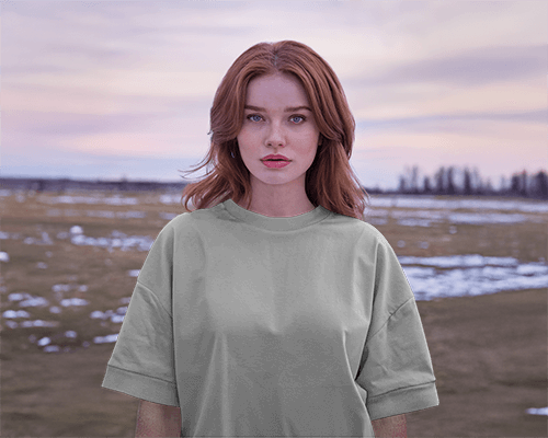 Sunset Outdoor T Shirt Mockup Female Model In Serene Winter Landscape Soft Natural Lighting Calm And Stylish Ambience 0710