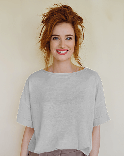 Bright Studio T Shirt Mockup Female Model Smiling Against Soft Cream Background Relaxed And Cheerful Vibe 0714