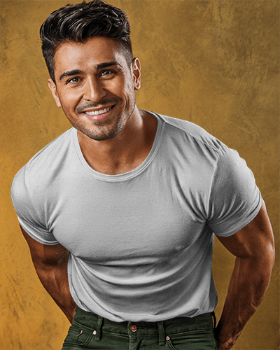 Confident Forward Leaning T Shirt Mockup Smiling Male Model With Warm Golden Backdrop 0722
