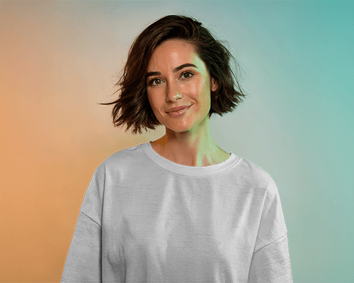 Dual Toned Gradient T Shirt Mockup Female Model With Soft Expression Warm And Cool Blended Lighting 0724