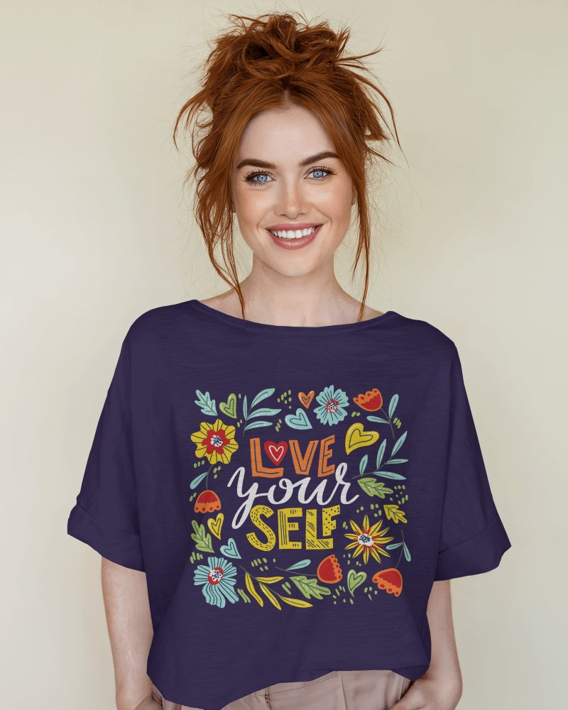 Casual And Cheerful T Shirt Mockup Female Model With Messy Red Bun Bright Smile Light And Airy Backdrop 0728