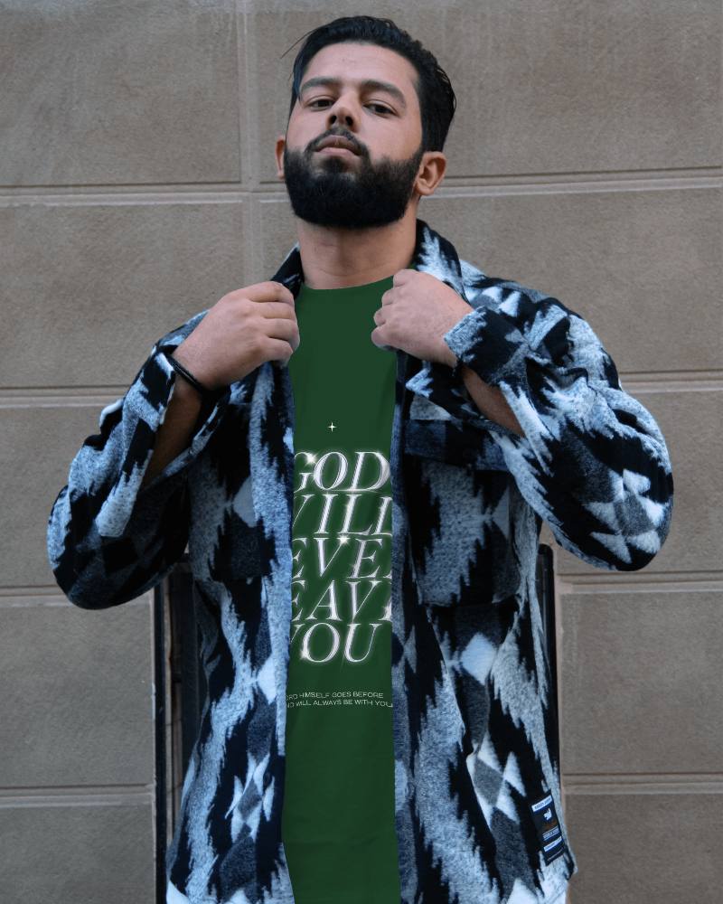 Man Wearing Tshirt Mockup Below Pattern Shirt