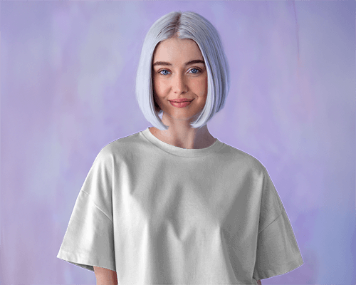 White T Shirt Mockup Female Model With Silver Bob Soft Smile Cool Toned Aesthetic 0730