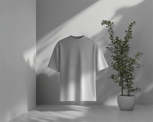 Aesthetic Sunlit T Shirt Mockup Hanging In Minimalist Space With Soft Shadows And Greenery Modern And Serene Ambience 0735