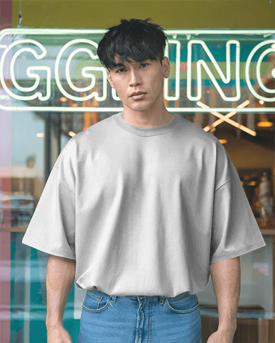 Streetwear T Shirt Mockup Male Model In Front Of Neon Sign Urban Trendy And Modern Vibe 0740