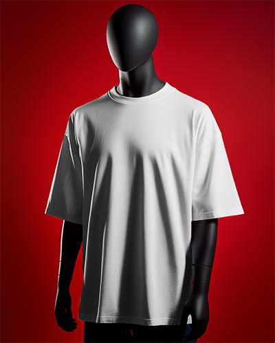 Sleek Minimalist T Shirt Mockup Black Mannequin In Bold Red Backdrop Crisp White Oversized Tee High Contrast Modern Display 0742