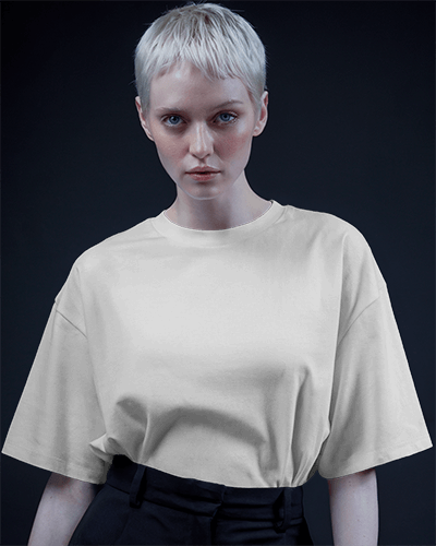 Edgy Monochrome T Shirt Mockup Platinum Blonde Female Model In High Contrast Lighting Dark Moody Backdrop Modern And Bold Style 0746