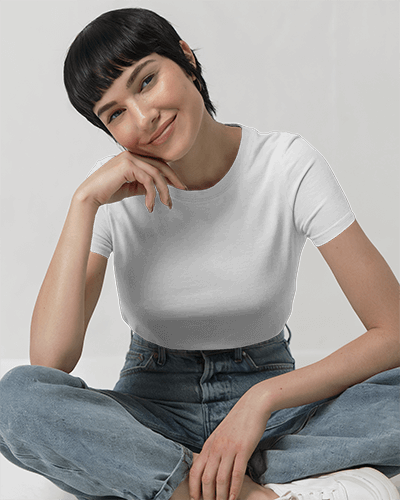 Relaxed Seated T Shirt Mockup Female Model Smiling Gently In Casual Denim Outfit Minimalist Background 0754