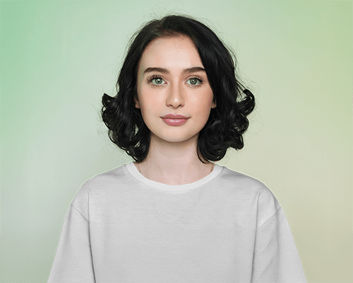 Studio Portrait T Shirt Mockup Female Model With Dark Curly Hair Soft Green Gradient Background Clean And Modern Look 0756