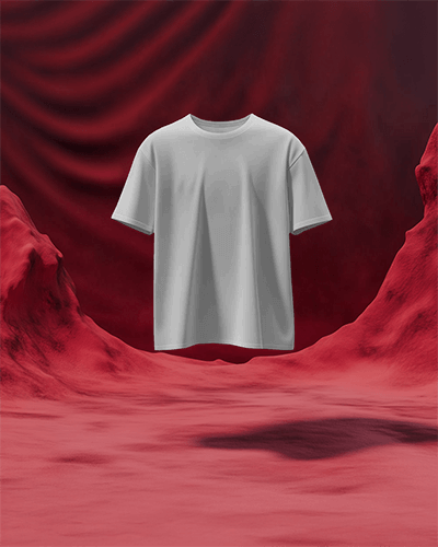 Floating T Shirt Mockup Dramatic Red Draped Background Surreal Desert Like Terrain Bold And Artistic Display 0761