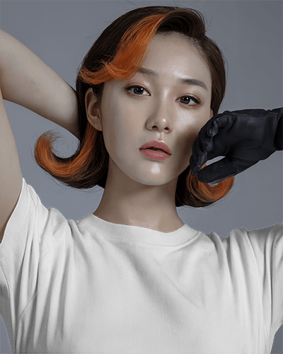 Fashion Forward T Shirt Mockup Female Model With Vintage Inspired Hair Orange Highlights And Black Glove Edgy And Stylish Look 0762