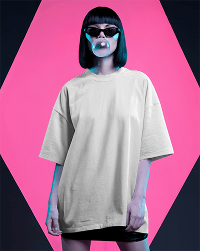 Futuristic Blank Women Oversized Round Neck T Shirt Mockup Model With Black Bob Blowing Bubblegum Neon Background 0778