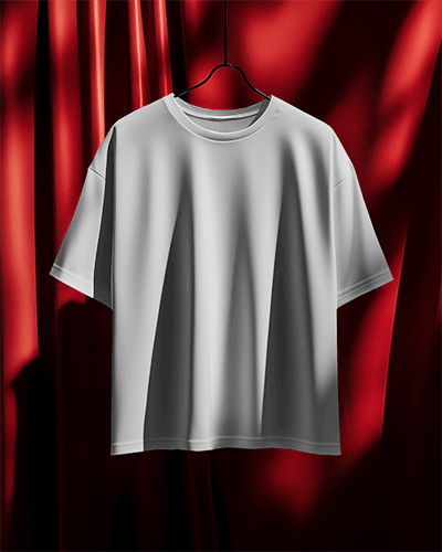 Luxury Blank Unisex Oversized Round Neck T Shirt Mockup Hanging On Black Hanger Against Dramatic Red Draped Curtain High End Aesthetic 0783