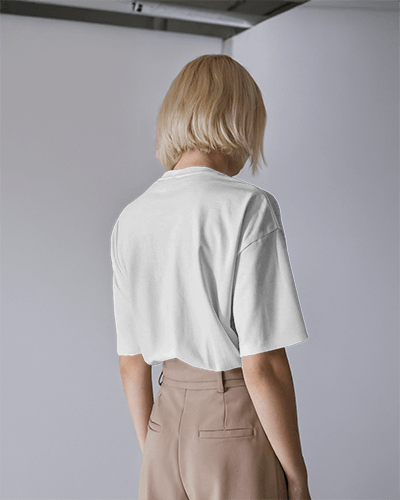 Backside Relaxed Fit T Shirt Mockup Female Model In Modern Minimalist Space Sleek And Sophisticated Look 791