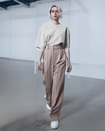 Full Body Oversized T Shirt Mockup Female Model Walking In Industrial Space Modern And Effortless Style 0794