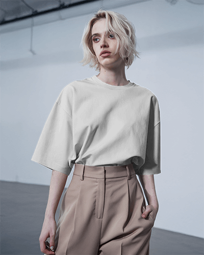 Oversized T Shirt Mockup Female Model In Industrial Setting Modern And Edgy Streetwear Look 0795