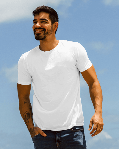 Smiling Man Tshirt Mockup From Low Angle