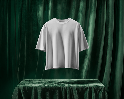 Luxury Draped T Shirt Mockup Hanging 803 White Tee Against Deep Green Velvet Elegant And Premium Presentation