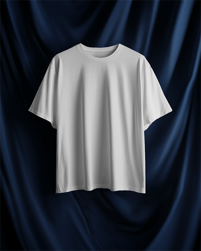 Luxury Hanging T Shirt Mockup White Tee Against Dark Blue Draped Fabric Premium And Sophisticated Presentation 0807