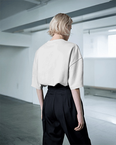 Urban Gray Tshirt Mockup Alien Invasion Graphic Female Model Back View