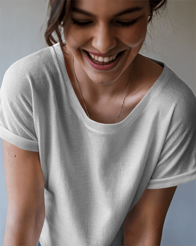 Happy Studio Blank Round Neck T Shirt Mockup Woman In White Rolled Sleeve Tee Laughing Close Up Natural Light 0830