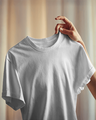 Soft Light Blank Round Neck T Shirt Mockup Hand Holding White Tee Draped Fabric Warm Curtain Background 0837