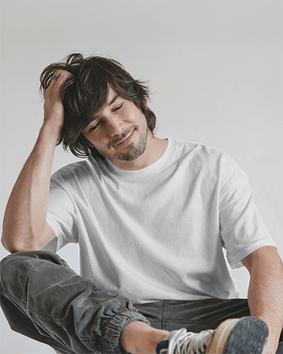 Casual Studio Blank Round Neck T Shirt Mockup Man In White Tee Relaxed Pose Soft Smile Minimalist Background 0838