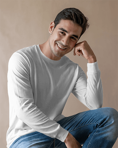 Warm Natural Men’s Round Neck Long Sleeve Mockup Smiling Male Model In Relaxed Pose Soft Neutral Background Casual And Inviting Aesthetic 0839