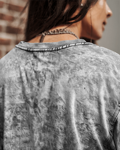 Vintage Acid Wash T Shirt Mockup Close Up Of Female Models Back Distressed Textured Fabric Urban Edgy Streetwear Style 0841