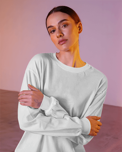 Artistic Lighting Women’s Round Neck Long Sleeve Mockup Women In Moody Pink And Orange Tones Modern And Stylish Visual 0842