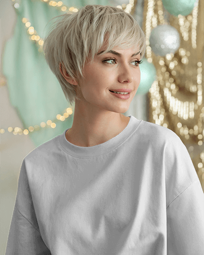 Festive Cozy T Shirt Mockup Women In Relaxed Tee With Short Platinum Hair Soft Bokeh Lights And Holiday Decor Warm And Cheerful Aesthetic 0846