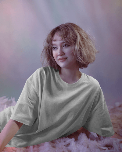 Blank White Oversized Round Neck T Shirt Mockup Women Soft Dreamy Lighting Relaxing Pose Pastel Background Serene And Minimalist Look 0847