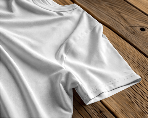 Blank White Round Neck T Shirt Mockup Without People Short Sleeve Close Up On Wooden Surface Wrinkled Fabric Texture Natural Lighting Minimalist And Realistic Look 0851