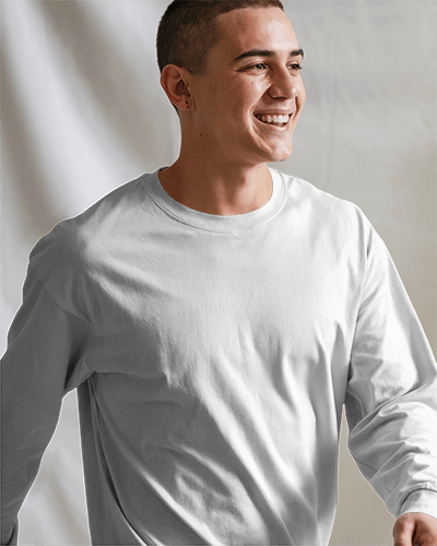 Bright Studio Long Sleeve T Shirt Mockup Smiling Male Model In Natural Soft Lighting Casual And Fresh Look 0861