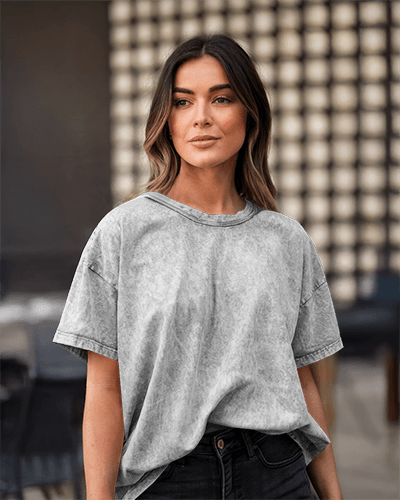 Urban Casual Acid Wash T Shirt Mockup Female Model In Modern Outdoor Setting Relaxed And Trendy Aesthetic 0867