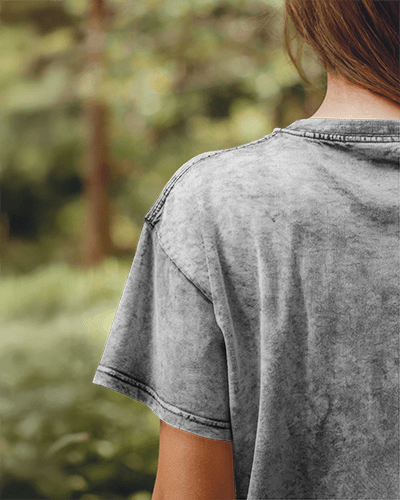 Nature Backdrop White Acid Wash T Shirt Mockup Female Model From Behind Soft Natural Lighting And Serene Outdoor Setting 0875