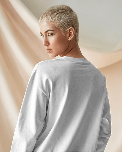 Soft Drape Backdrop Back View Blank White Long Sleeve Mockup Serious Short Haired Female Model In Natural Lighting Minimal And Elegant Style 0891