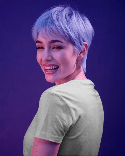 Purple Studio Back View Blank White Tshirt Mockup Smiling Short Haired Female Model With Colorful Lighting Playful And Modern Aesthetic 0896