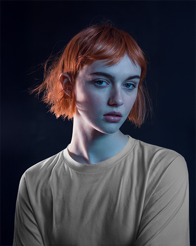 Moody Tshirt Mockup Female Model With Red Hair In Dramatic Lighting Against Dark Background Artistic And Editorial Vibe 0912