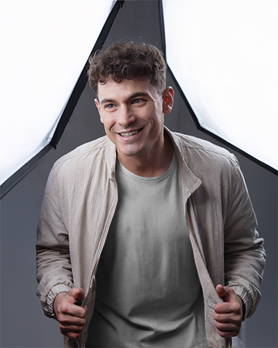 Studio Lit T Shirt Mockup Male Model Smiling And Holding Jacket Open Showcasing Design Under Softbox Lighting Clean And Professional Look 0914