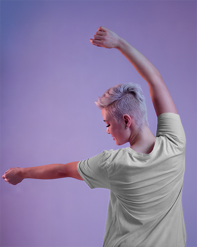 Pastel Gradient Backview T Shirt Mockup Female Model Stretching With Arms Up Showcasing Rear Design Soft Purple Lighting Modern And Dynamic Vibe 0918