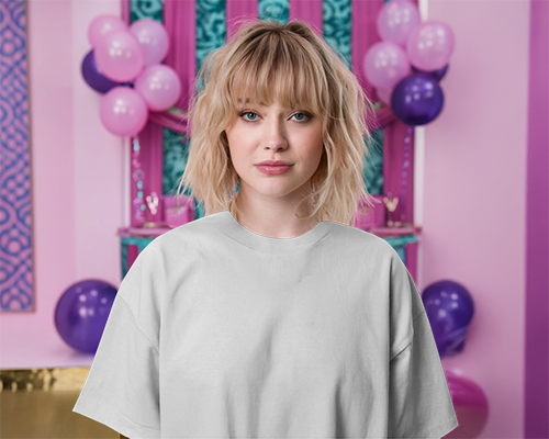 Playful Party Tshirt Mockup Female Model In Front Of Colorful Balloons And Decor Pink Purple Aesthetic Fun And Youthful Vibe 0920