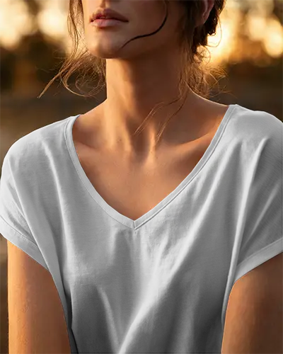 Sunset Lit V Neck White Tshirt Mockup On Woman Relaxed Pose Warm Natural Ambience
