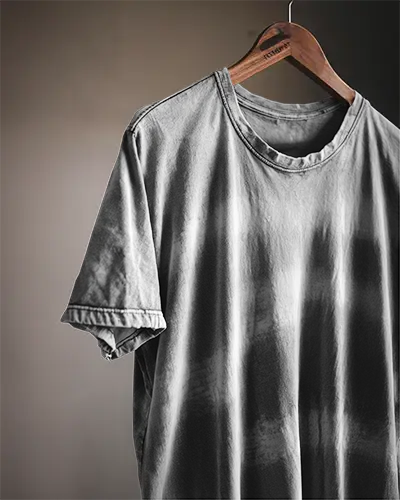 Blank Acid Close Up Washed Unisex White Tshirt Mockup Hanging On Wooden Hanger Industrial Studio Aesthetic