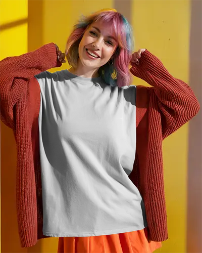 Sunlight Lit White Round Neck Tshirt Mockup Woman With Vibrant Hair Red Cardigan Orange Skirt