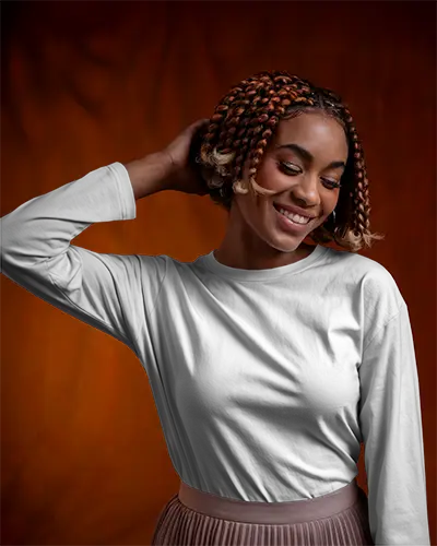 Warm Studio Long Sleeve Tshirt Mockup Female Model Smiling With Hand In Hair Against Rich Orange Backdrop Cozy And Cheerful Mood 0948