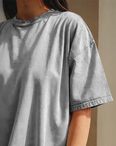 Sunlit Acid Wash Tshirt Mockup Female Model Cropped Frame Closeup On Fabric Texture And Print Ready Design Soft Shadows And Natural Light